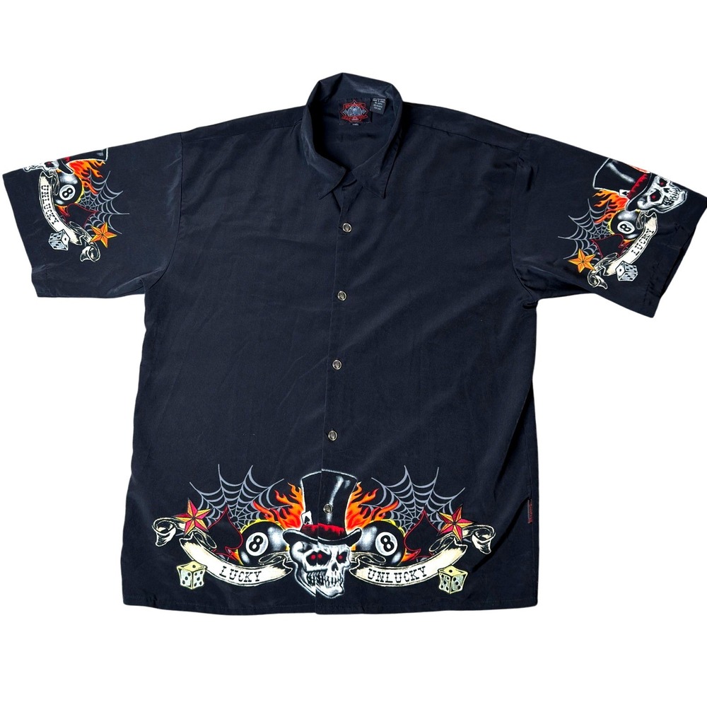 Dragonfly Roadhouse Mens XXL Skull 8 Ball Lucky Unlucky Biker Button Down Shirt